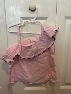 Janie and Jack Pink One-Shoulder Ruffle Top with Pom Trim
